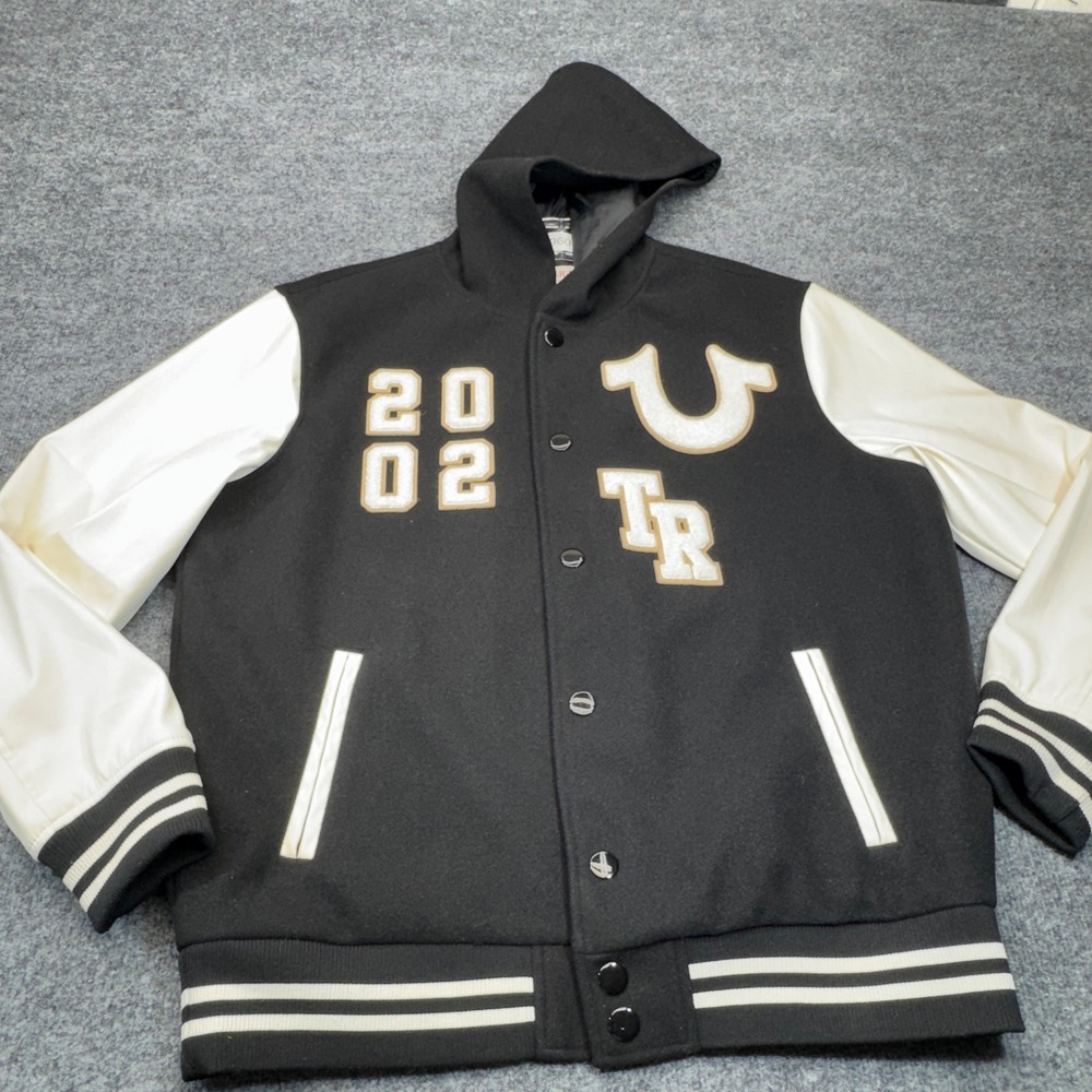 True Religion Varsity Jacket Mens Large Black White Hooded Chenille Patch Street